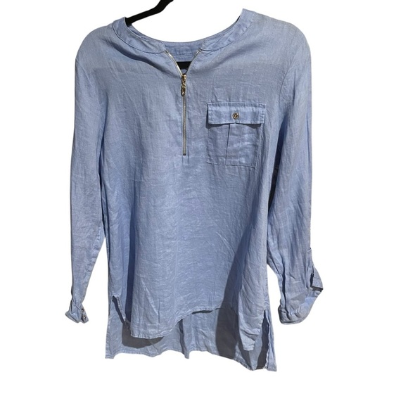 Jones & Co linen Tunic roll tan button sleeves size large blue silver - Picture 1 of 10